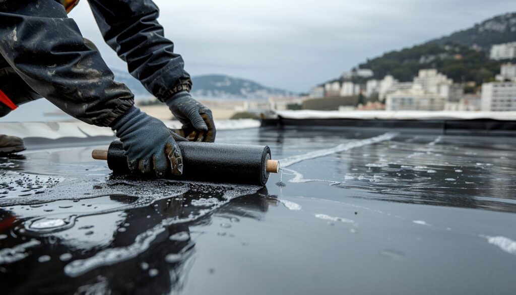 Artisan appliquant une membrane EPDM liquide sur une toiture à Marseille