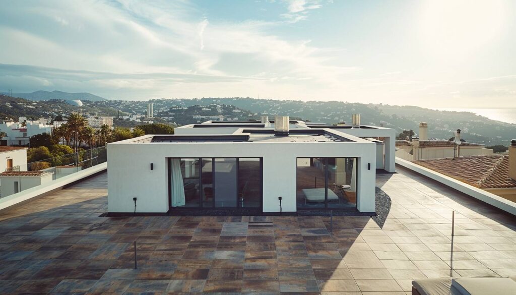 Toiture en tuiles plates rouges sur une maison provençale à Marseille avec vue sur la mer