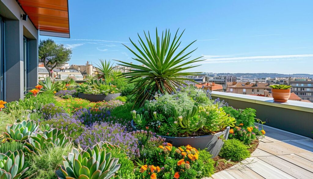 Toiture végétalisée bien entretenue sur un immeuble à Marseille avec vue sur la mer