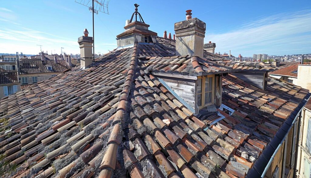Artisans rénovant une toiture ancienne en tuiles canal sur une maison provençale à Marseille