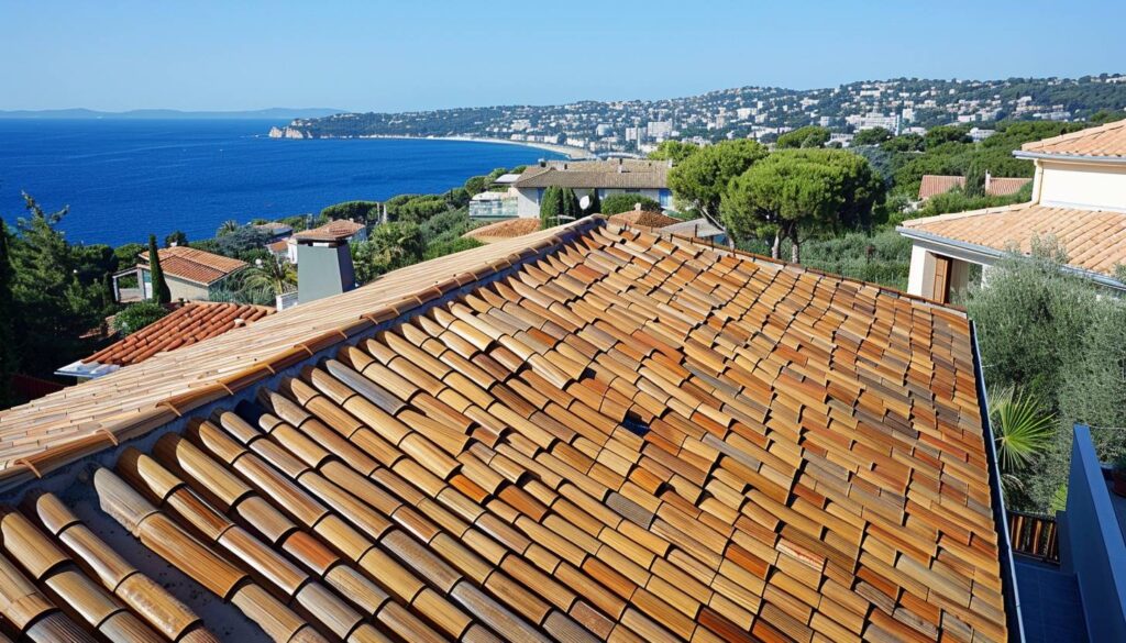 Vue aérienne d'un toit en tuiles de bambou à Marseille avec la mer Méditerranée en arrière-plan