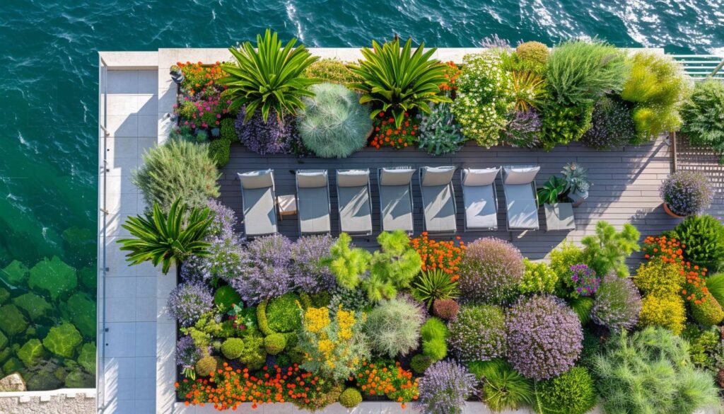 Toiture-terrasse jardin luxuriante à Marseille avec vue mer