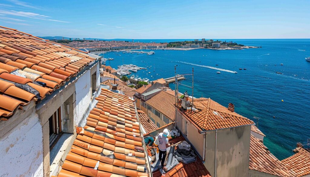 Artisan Max Toiture appliquant un traitement anti-sel sur un toit à Marseille vue mer