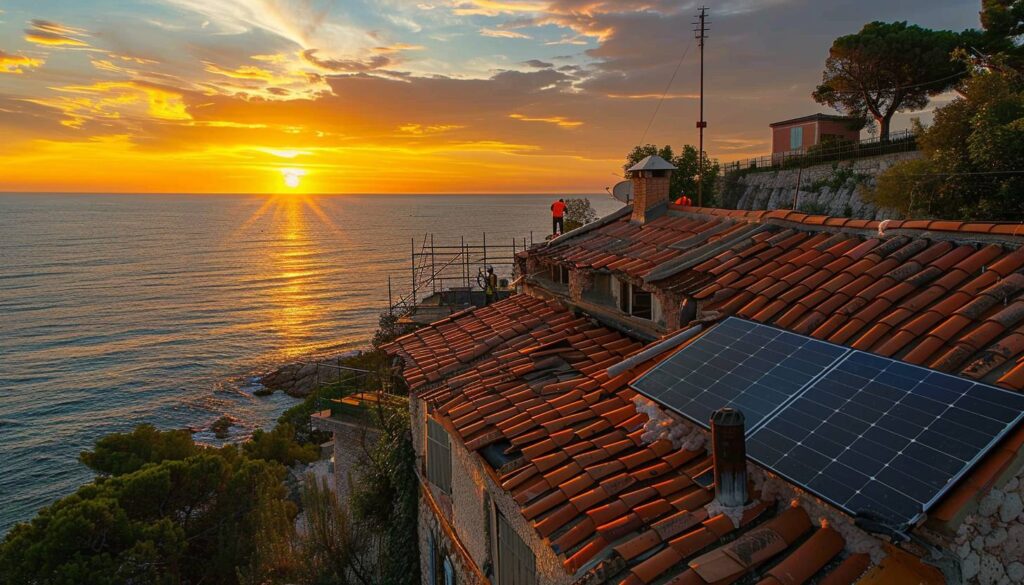 Rénovation énergétique d'une toiture ancienne sur une maison provençale à Marseille avec installation de panneaux solaires