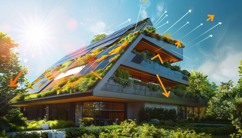 Maison avec toiture bioclimatique intégrant panneaux solaires et végétation pour une efficacité énergétique optimale