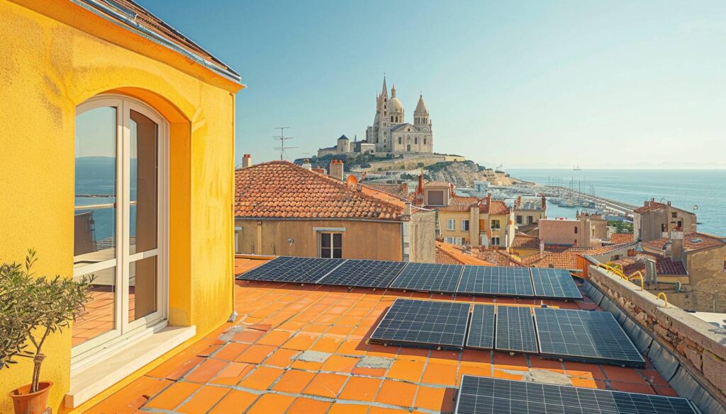 Toit marseillais avec tuiles solaires intégrées vue sur la mer et Notre-Dame de la Garde